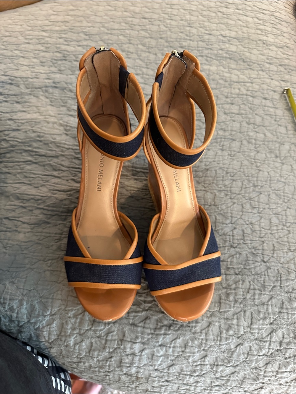ANTONIO MELANI Navy and Tan Ankle-Strap Block Heels